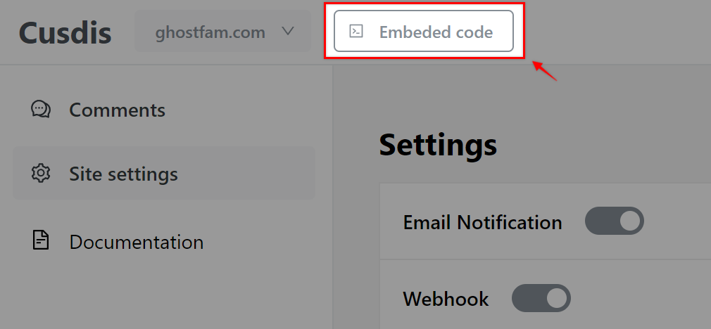 Sau khai tạo xong thì nhấn vào nút Embeded code để lấy website id