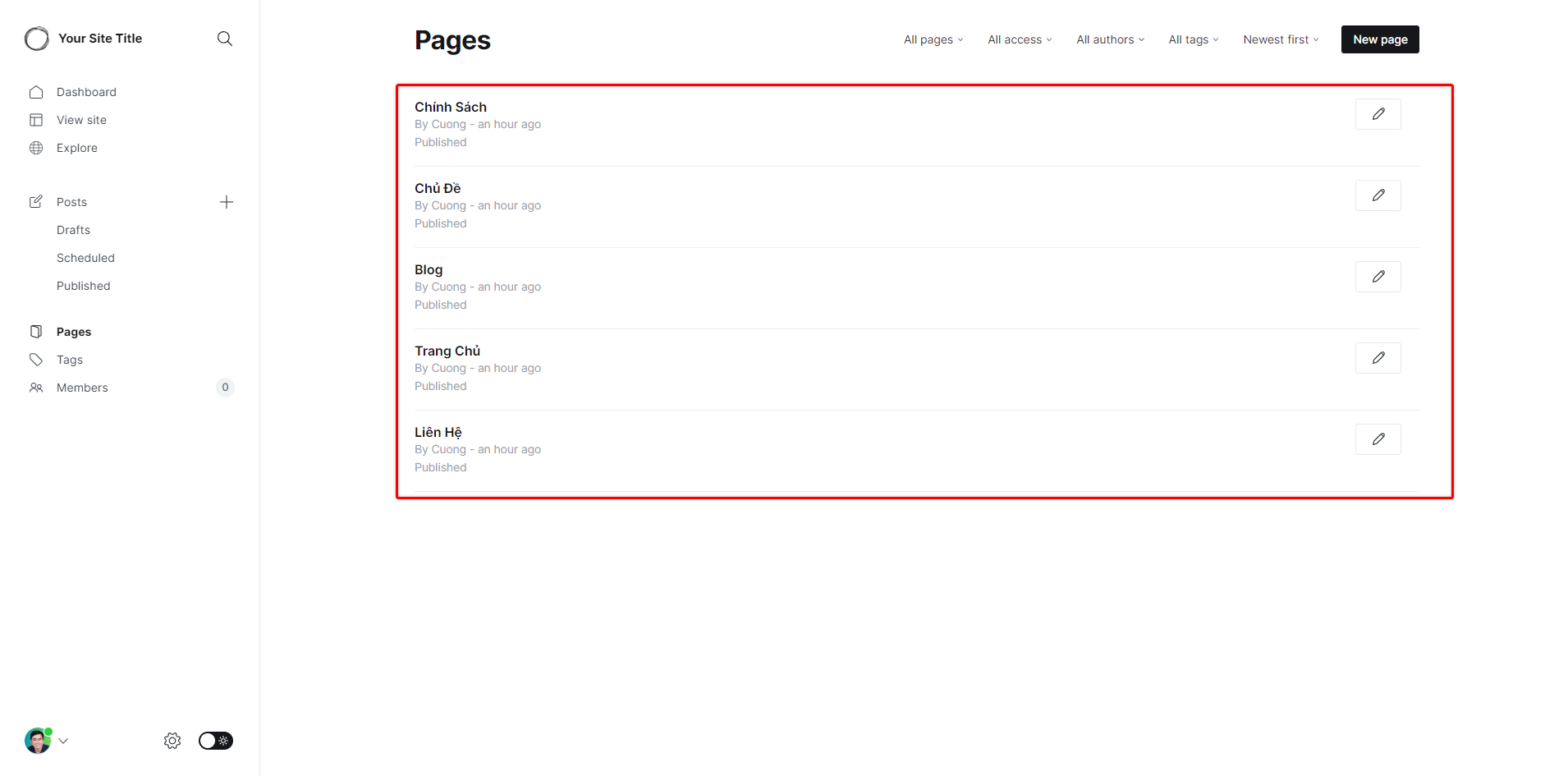 5 default pages added automatically