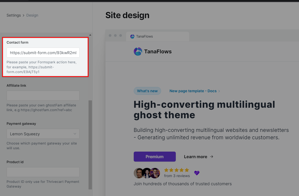 Paste to Contact Form at Design Setting